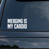 White block text saying merging is my cardio on a solid black background in bold uppercase letters