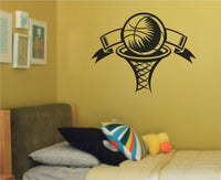 Black and white illustration of a basketball going through a hoop with a ribbon banner behind it in bold graphic style.