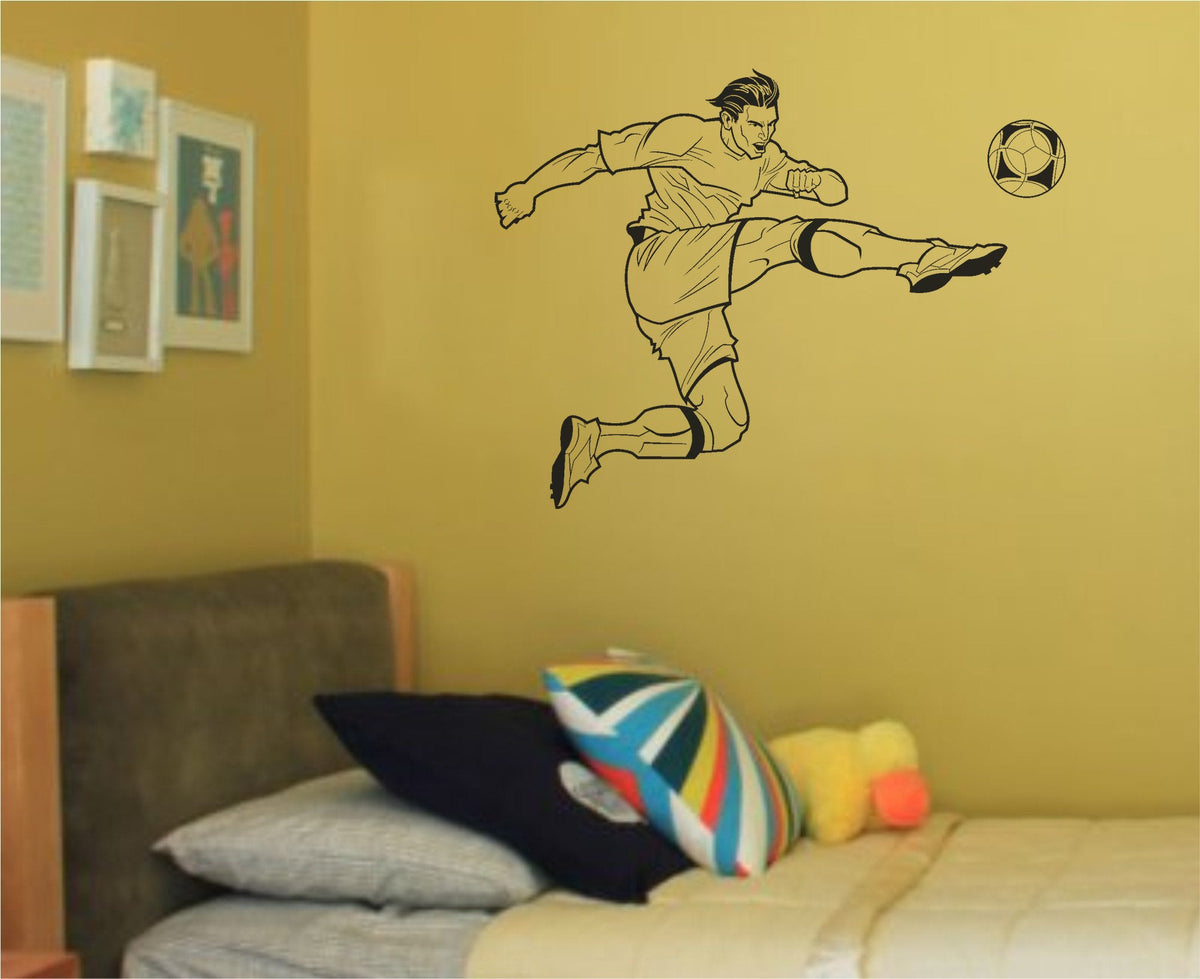 Black and white illustration of a male soccer player jumping and kicking a soccer ball, dynamic sports action pose.