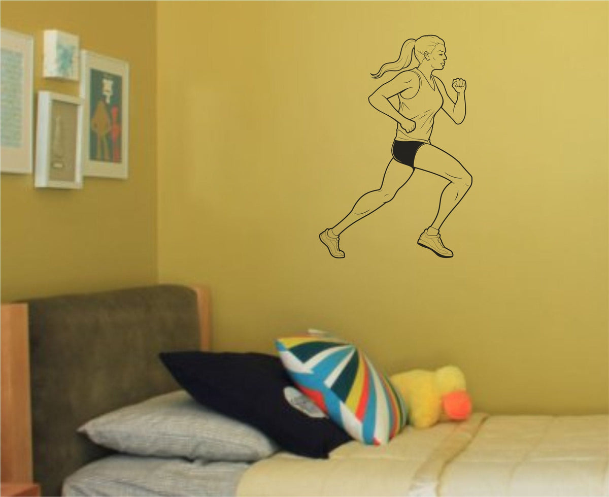 Black and white line illustration of a female track and field runner in motion, wearing athletic shorts and sneakers.