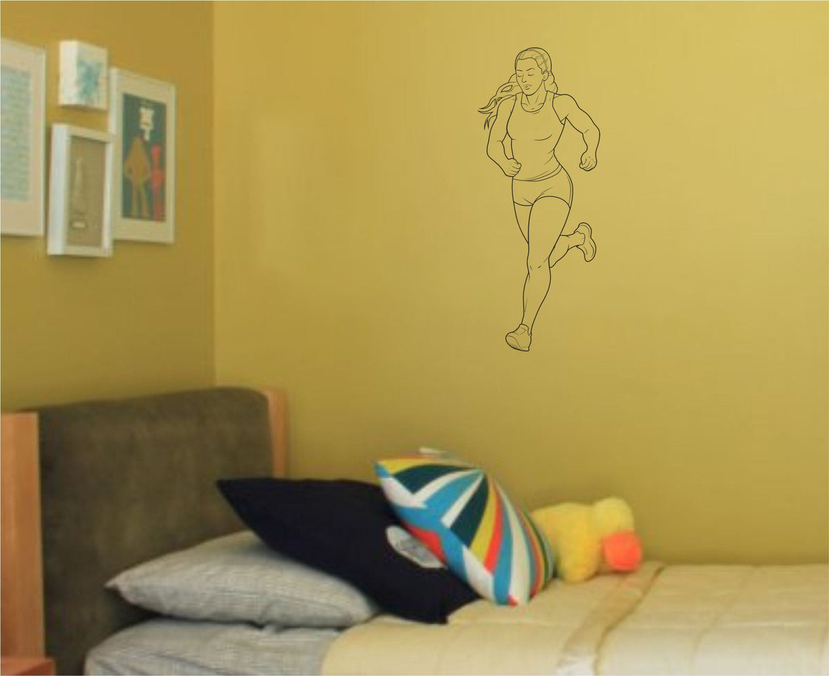 Black line art of a female track and field runner in motion wearing a tank top and shorts with hair tied back.