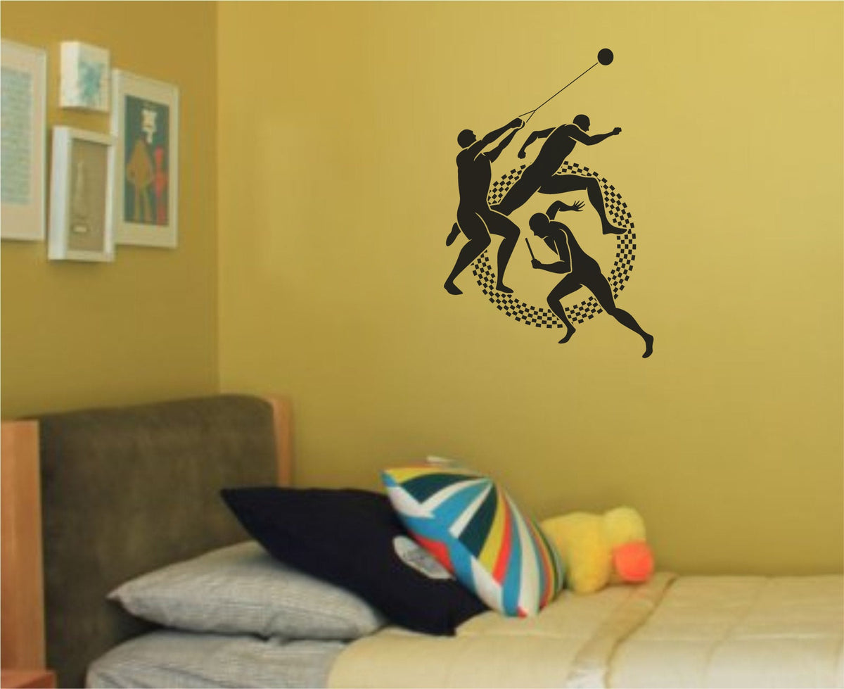 Black silhouette illustration of three track and field athletes including hammer thrower, hurdler, and relay runner with checkered circular background