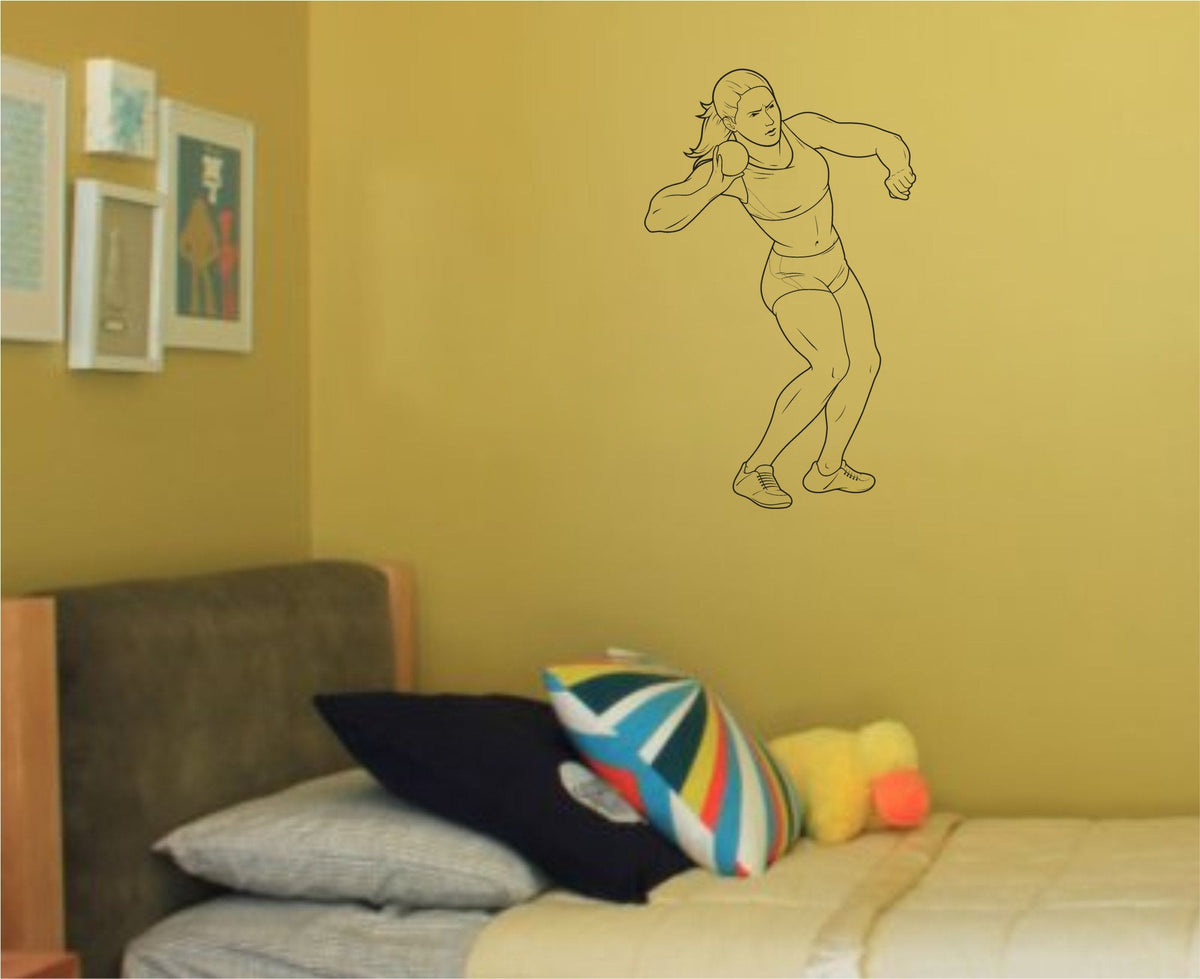Black and white line illustration of a female track and field athlete throwing a shot put in athletic wear and sneakers.