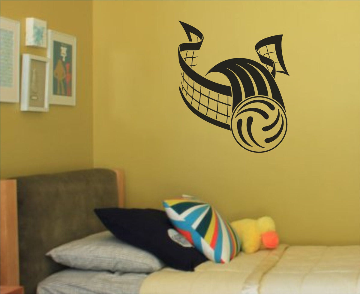 Black and white vinyl decal showing a stylized volleyball with a curved net in a dynamic sports illustration style.