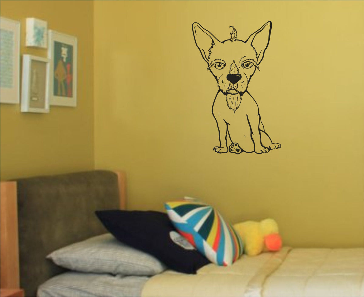 Black and white line art of a sitting chihuahua dog with large ears and detailed facial features in a simple cartoon style.