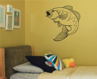 Black and white line drawing of a largemouth bass fish with open mouth, detailed fins, and curved body in a simple style.