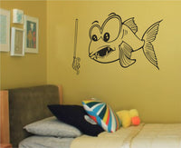 Black and white cartoon fish with big eyes and sharp teeth looking at a fishing hook with a worm on a plain background.