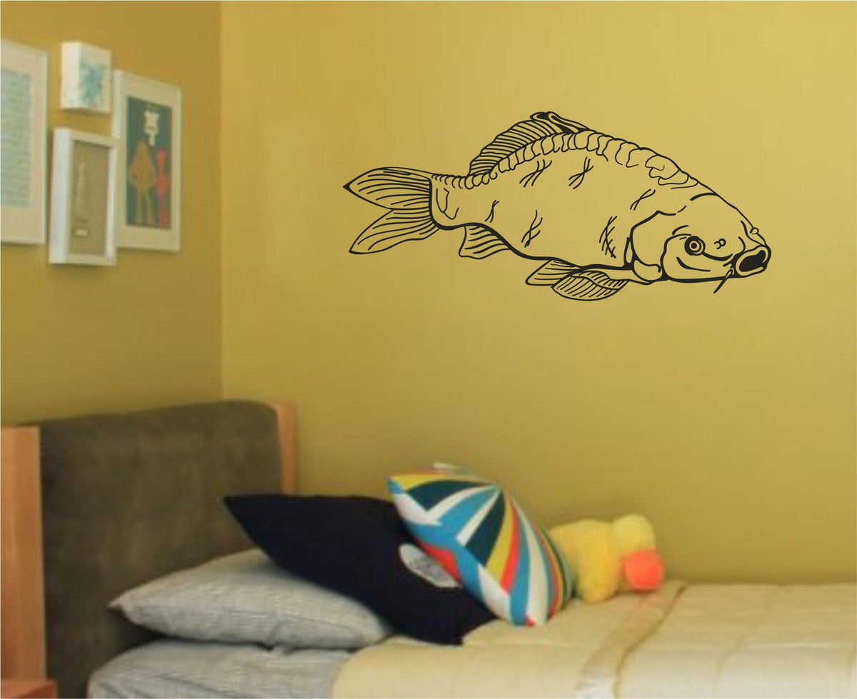 Black line art illustration of a carp fish with detailed fins and scales on a white background in a simple style.