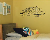 Black line art illustration of a wooden rowboat floating on water with oars resting inside, simple and clean style