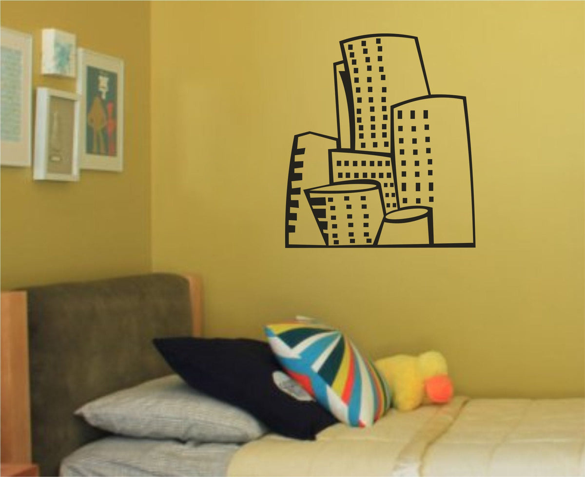 Black silhouette wall decal showing a stylized cluster of modern Düsseldorf city skyscrapers with rectangular windows in a minimalist design.