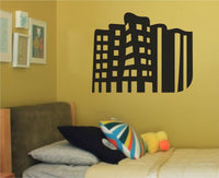 Black silhouette of a modern Düsseldorf building with multiple windows and curved architectural features, presented as a vinyl wall decal.