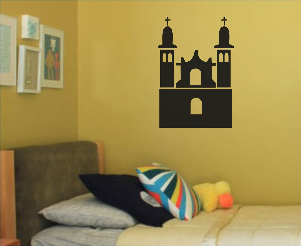 Black silhouette vinyl wall decal depicting a Munich landmark with two towers topped by crosses and central arched windows.