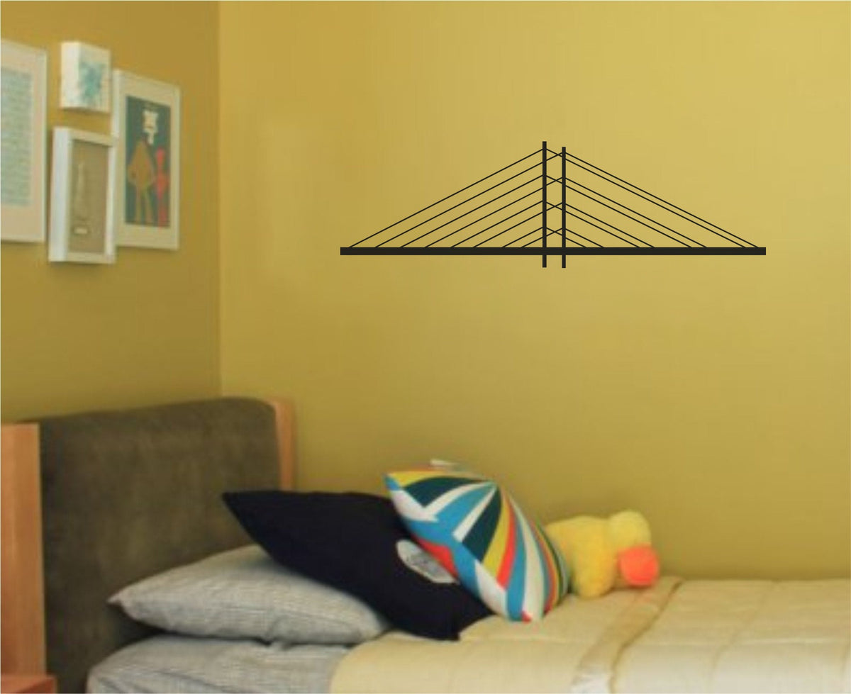 Black silhouette vinyl decal of a modern Düsseldorf cable-stayed bridge with clean angular lines on a white background.