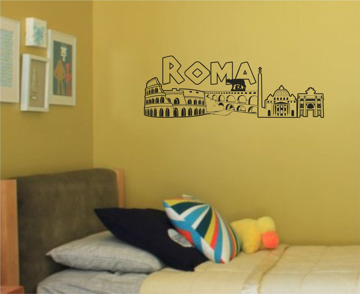 Black silhouette wall decal showing Rome landmarks including the Colosseum, aqueduct, obelisk, domed building, arch, and Roma text