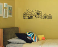 Black silhouette wall decal showing Rome landmarks including the Colosseum, aqueduct, obelisk, domed building, arch, and Roma text