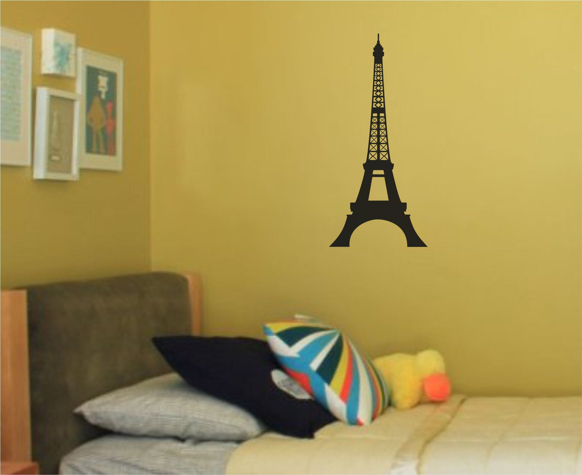 Black silhouette vinyl wall decal of the Eiffel Tower landmark with detailed lattice structure on a white background.