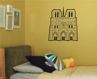 Black and white illustration of Notre Dame Cathedral featuring twin towers, central rose window, and gothic arches in a silhouette style