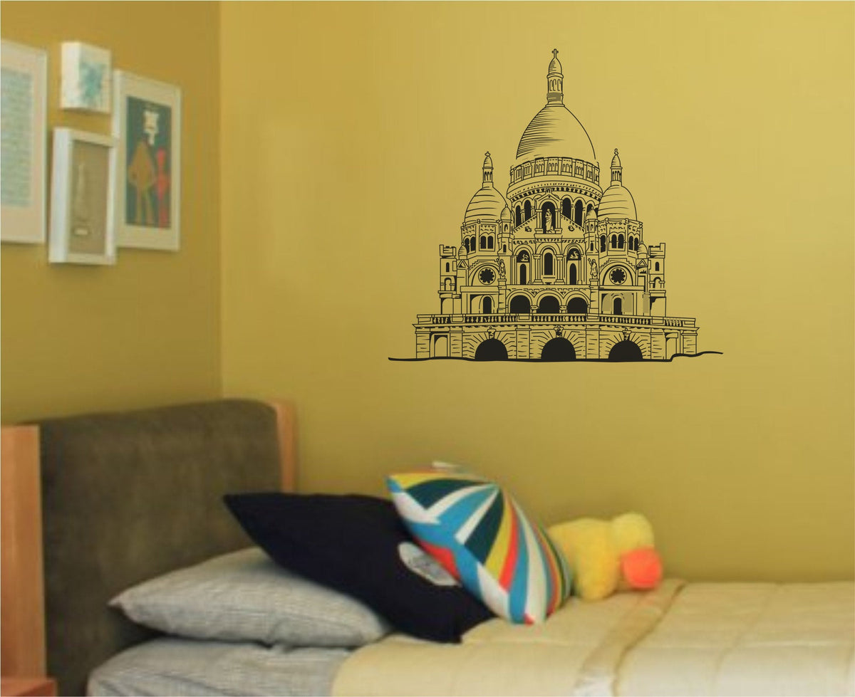 Black silhouette vinyl decal of the Paris Sacré-Cœur Basilica showing multiple domes and detailed architectural features on a white background.