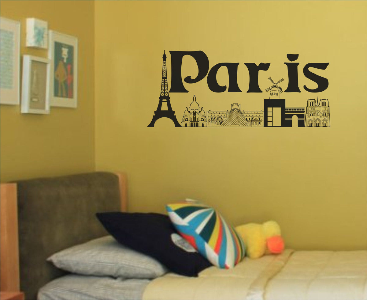 Black silhouette of Paris landmarks including Eiffel Tower, Sacré-Cœur, Louvre, Moulin Rouge windmill, Arc de Triomphe, and Notre Dame integrated with the word Paris