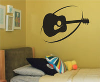 Black silhouette of an acoustic guitar with curved abstract swoosh lines on a white background in simple vector style.