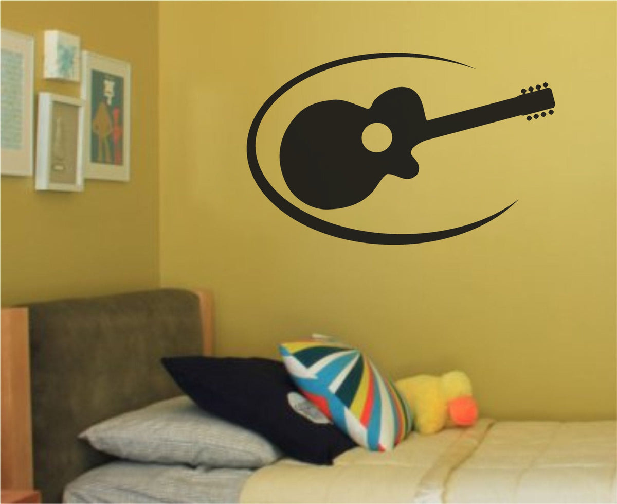 Black silhouette of an acoustic guitar with curved swoosh lines on a white background in a simple graphic style