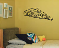 Black and white hand-drawn style illustration of a pizza slice with pepperoni and crust, shown on white background.