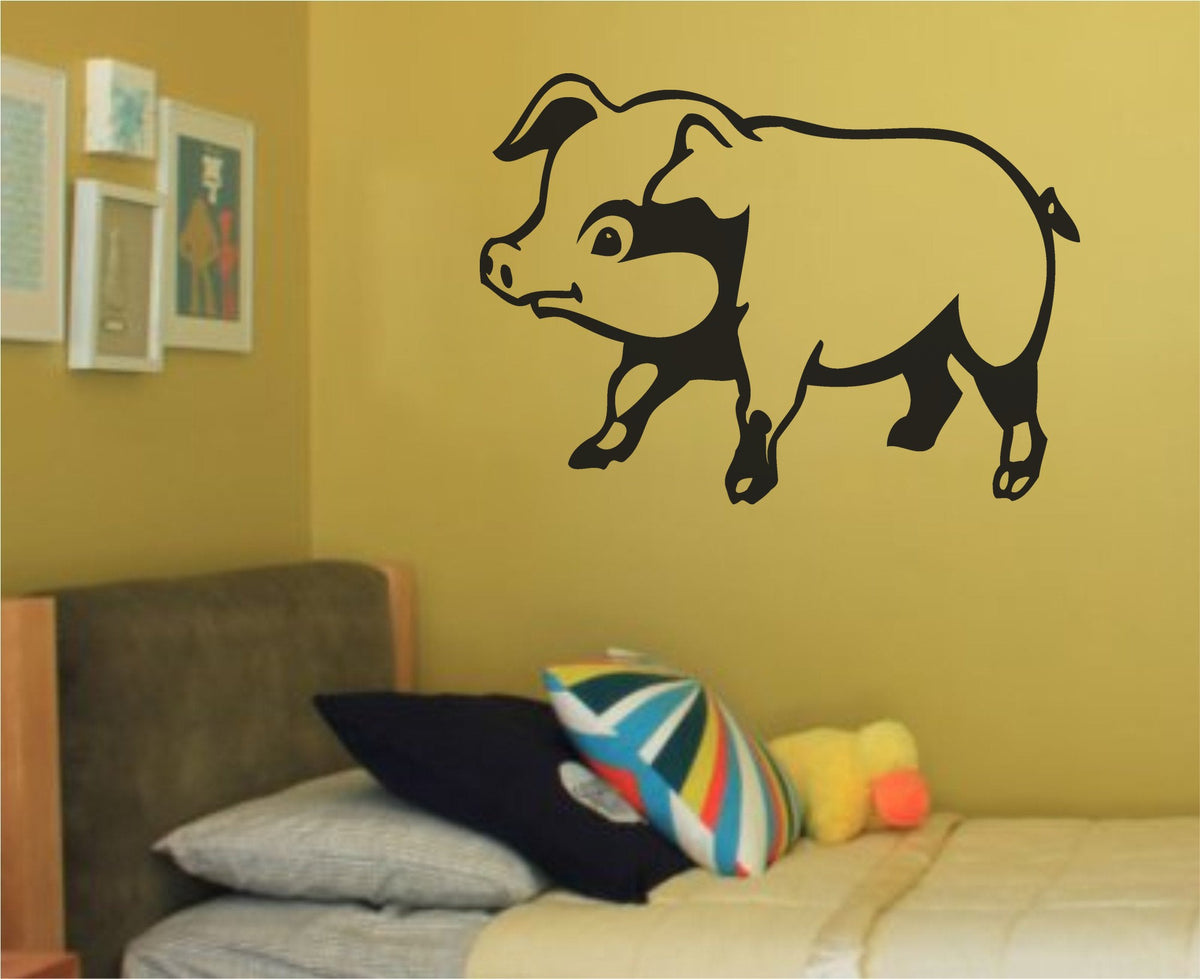Black vinyl wall decal of a pig animal silhouette with detailed features in a simple playful style
