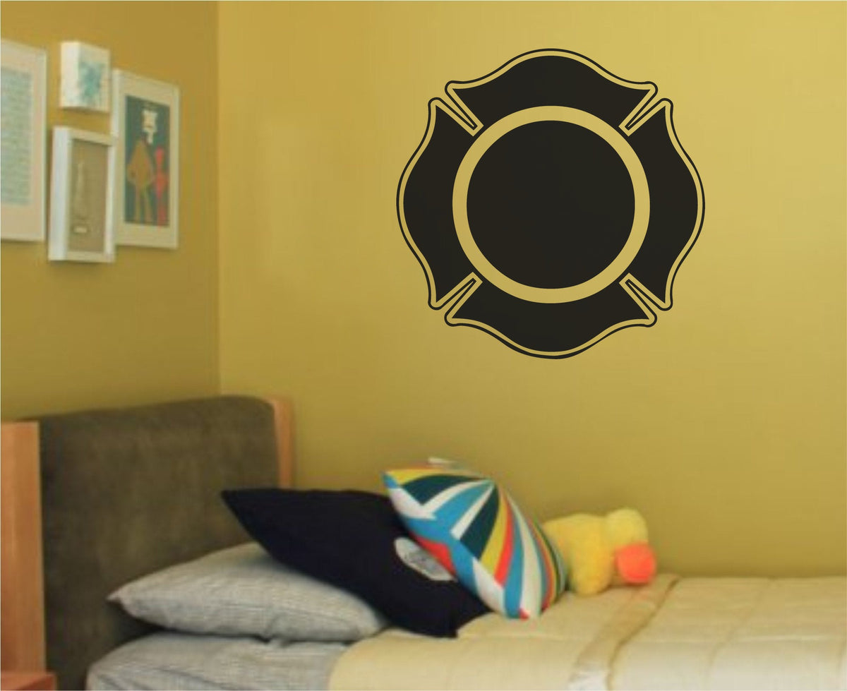 Black silhouette of a Maltese Cross firefighter emblem outlined in white as a vinyl wall decal design.