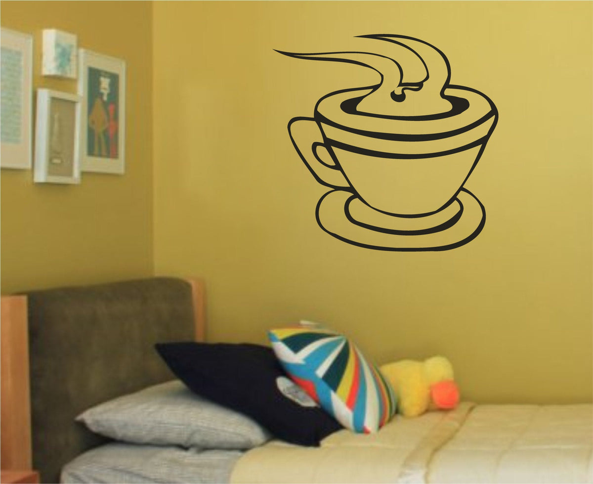 Black and white vinyl wall decal of a steaming coffee cup on a saucer with stylized steam lines in a bold silhouette style