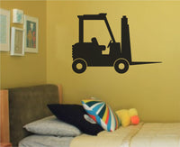 Black silhouette of a forklift vehicle with detailed cabin and lifting forks on a white background in simple flat style