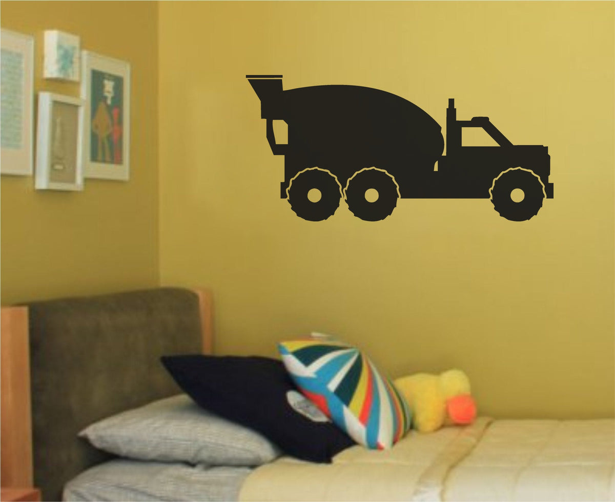 Black silhouette of a concrete mixer truck with six wheels and rotating drum, simple bold design on white background.