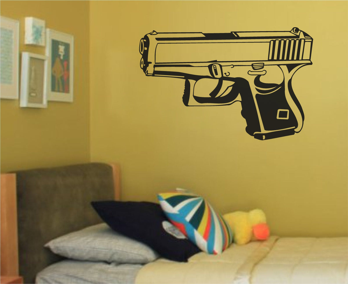 Black and white detailed silhouette of a handgun in a clean, bold line art style for wall decal use.