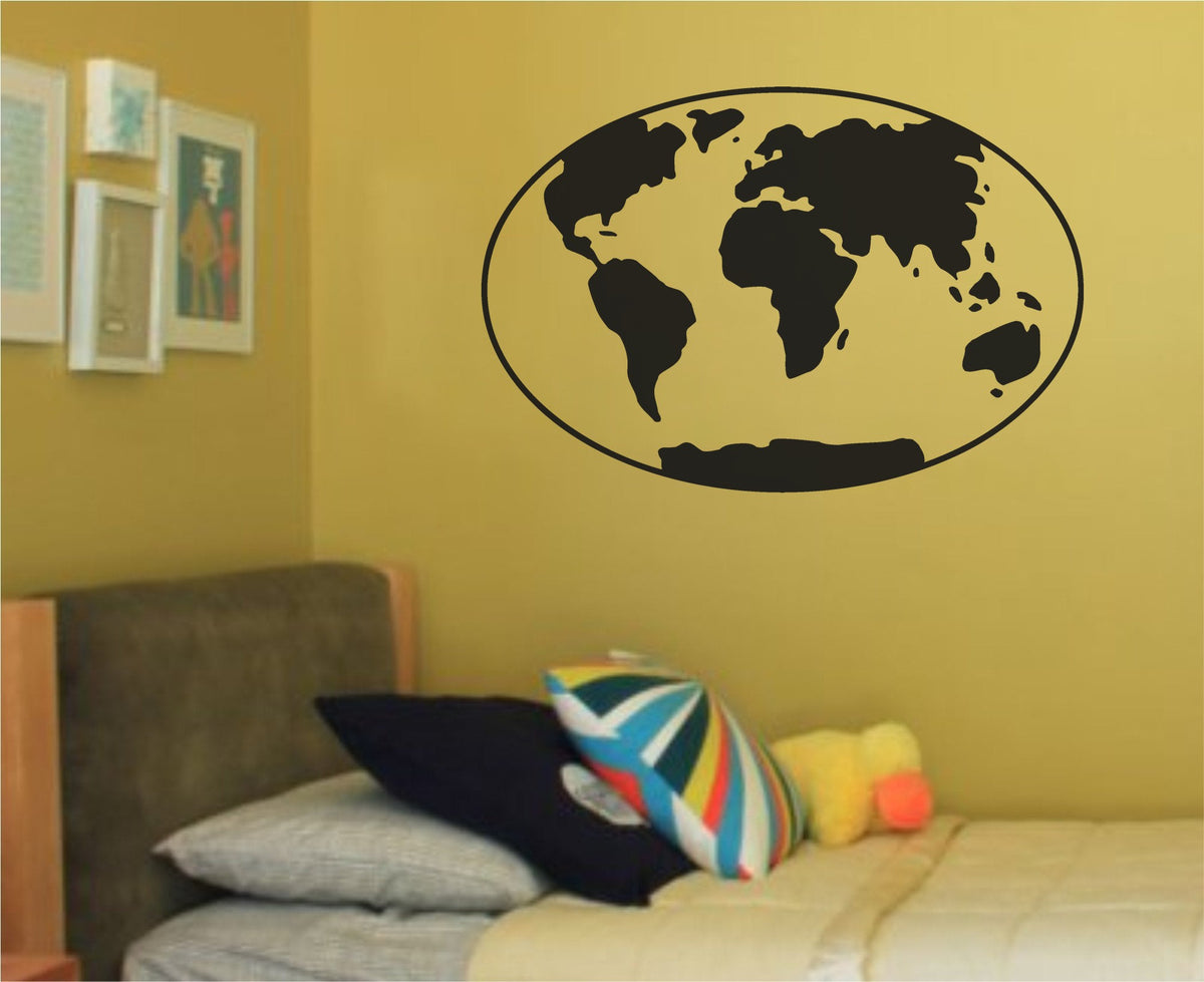 Black silhouette of a world map showing continents inside an oval border on a white background in simple vector style.