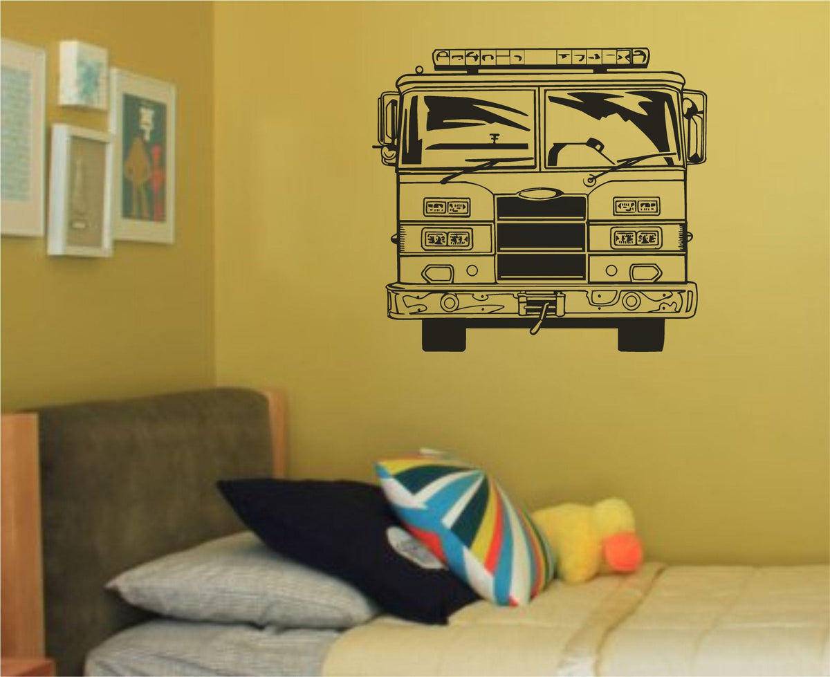 Black and white front view illustration of a fire truck with detailed windshield, lights, and bumper in a bold one-color line art style.