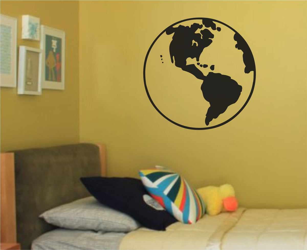 Black and white silhouette of Earth showing the Americas inside a circle, simple large vinyl wall decal style.