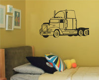 Black and white illustration of a semi truck side view silhouette with detailed cab, wheels, and trailer area in bold line art style.