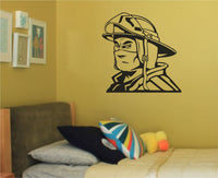 Black and white silhouette of a firefighter wearing a helmet and face covering in a bold graphic style.