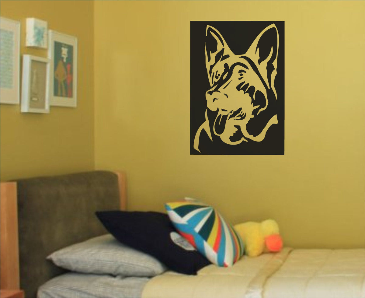 Black and white silhouette illustration of a K9 dog head with tongue out, representing fire police and military service animals.