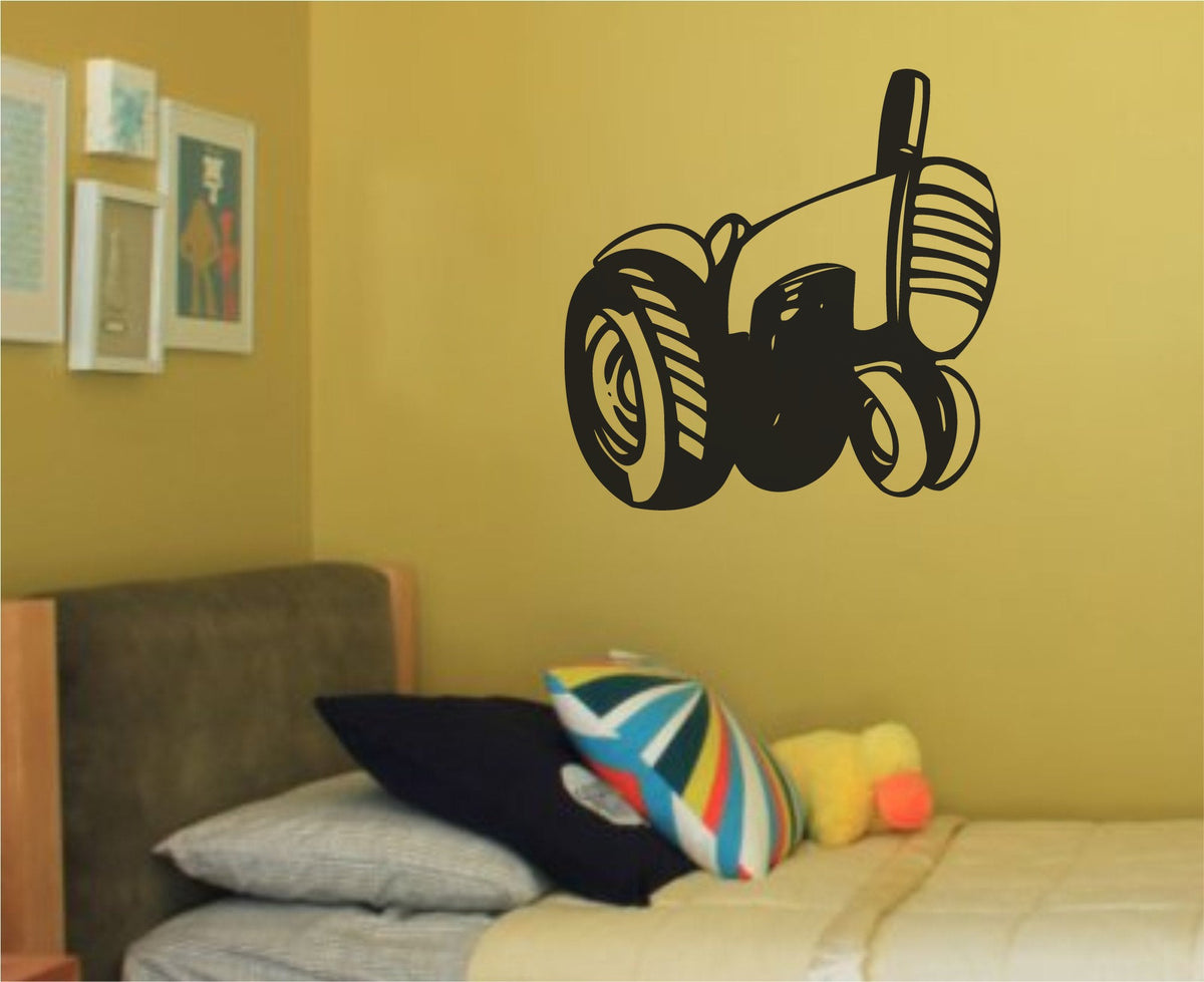 Black and white large tractor silhouette with prominent tires and grill in a bold, simplified style.