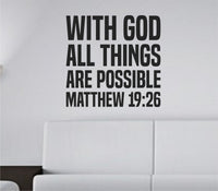 Black vinyl wall decal featuring Matthew 19:26 scripture quote in bold uppercase Built Titling font on a white background.