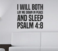 Bold tall block lettering of Psalm 4:8 Bible verse in black vinyl wall decal on white background