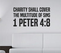 Black bold block letters displaying 1 Peter 4:8 scripture quote on a white background in a vertical vinyl wall decal style