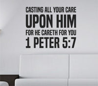 Black bold block lettering vinyl wall decal of 1 Peter 5:7 Bible verse quote on white background