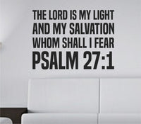 Black bold tall block lettering wall decal of Psalm 27:1 scripture saying on a white background.