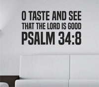 Black vinyl wall decal with the Bible verse Psalm 34:8 in bold tall block letters on a white background.
