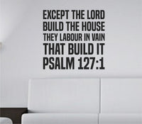 Black bold tall block lettering wall decal of Psalm 127:1 scripture on a white background in a simple rectangular layout.