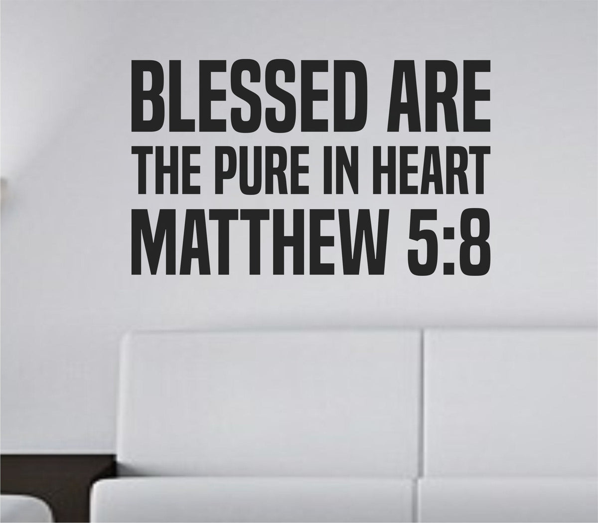 Bold tall block lettering vinyl wall decal with the Bible verse Matthew 5:8 text in black on a white background.