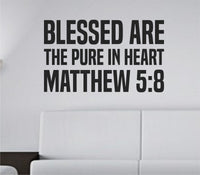 Bold tall block lettering vinyl wall decal with the Bible verse Matthew 5:8 text in black on a white background.