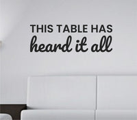 One-color vinyl wall decal with the quote 'This table has heard it all.' in simple black text on a white background.