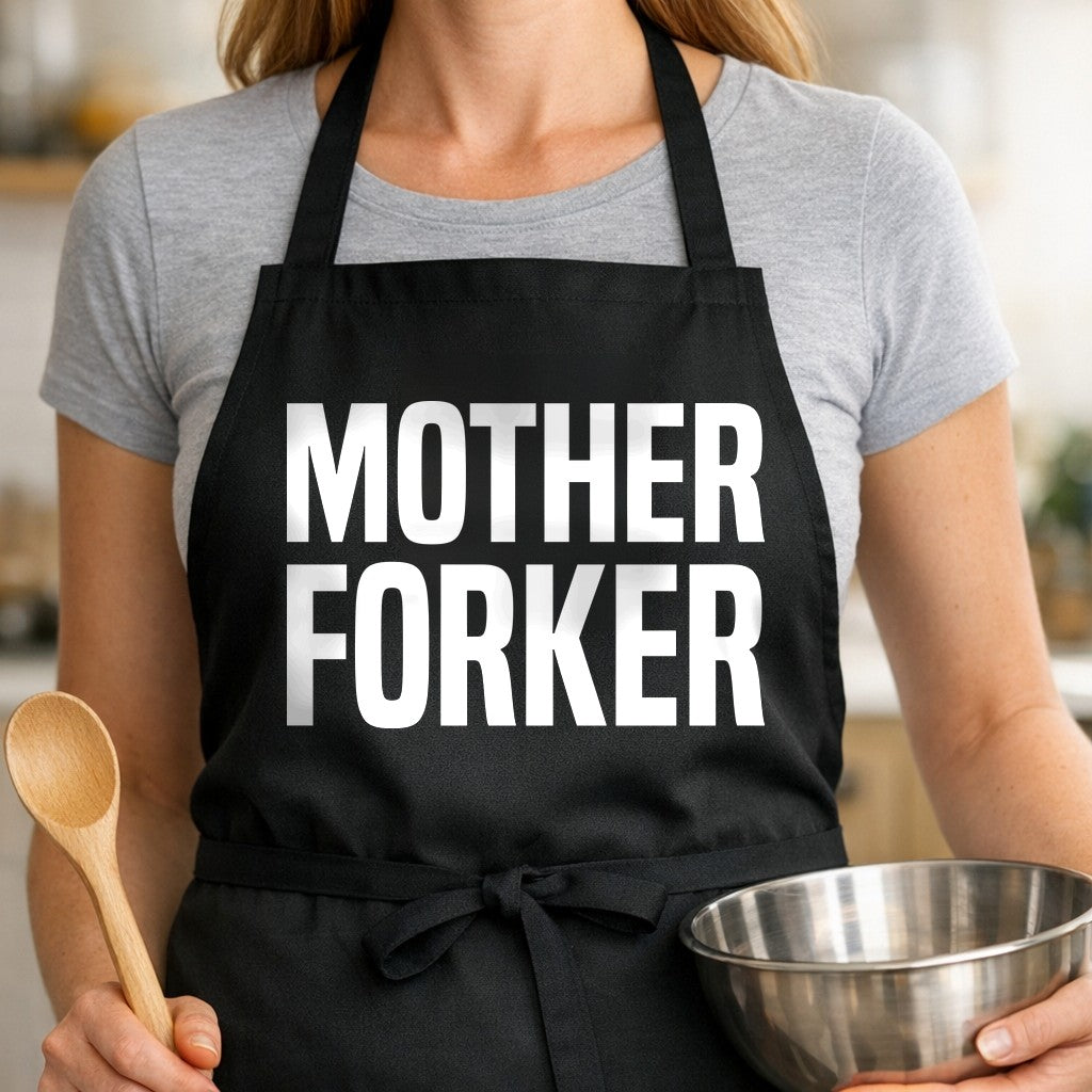 Black apron with large white text saying 'MOTHER FORKER' in bold block letters, simple and modern design.
